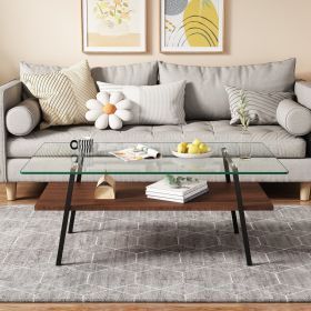 Rectangle Coffee Table with Clear Tempered Glass Tabletop, Open Bottom Shelf and Black Metal Legs