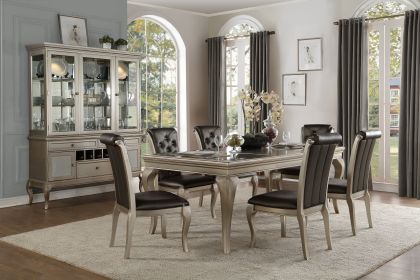 7 Piece Dining Set, 1 Rectangle Table with Extension Leaf, 6 Side Chairs, Crystal Button Tufted Back and Antique Cabriole Legs