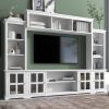 Minimalism Entertainment Wall Unit with Bridge, Including 8 Enclosed & 11 Open Shelves with 4 Tempered Glass Doors