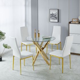 5 Piece Dining Set, 1 Table & 4 Chairs, with Gold Metal Frame & Legs, Clear Tempered Glass Tabletop and High Backrest Chairs