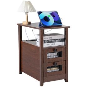 VEVOR Farmhouse End Table or Narrow Night Stand with 2 Drawers, 2 Tiers, Open Bottom Shelf and 5 In 1 Built In Power Strip