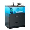 Black Nightstand with LED Lights, Adjustable Light Colors with 2 Bottom Drawers and Open Shelf