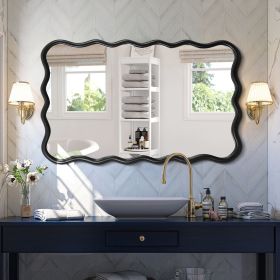 Black Solid Wood Rectangle Mirror with Wavy Frame Design and HD Reflection