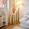 Set of 3, Handcrafted Gold Metal Floor Vases, Geometric Cylinder Shape with Hammered & Polished Finish and Funnel Shaped Necks