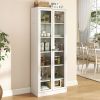 72” White Metal Cabinet with 5 Adjustable Shelves and 2 Inlaid Clear Tempered Glass Doors