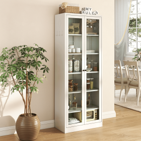 72” White Metal Cabinet with 5 Adjustable Shelves and 2 Inlaid Clear Tempered Glass Doors