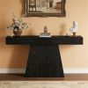 63” Farmhouse Black Console Table with Trapezoidal Design and Wood Grain Details