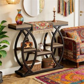 Rustic Rectangle Console Table with 4 Staggered Tiers, Geometric Black Metal Base and Adjustable Foot Pads