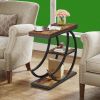 3-Tier Rustic Brown End Table with 3 Storage Shelves and Half Crescent Moon Metal Frame