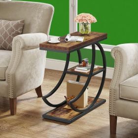 3-Tier Rustic Brown End Table with 3 Storage Shelves and Half Crescent Moon Metal Frame