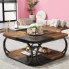 39” 2 Tier Square Coffee Table with Black Metal Curved Base, Two-Tone Color Design and Open Bottom Shelf