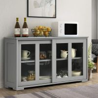 Sideboard Buffet Cupboard Storage Cabinet with 2 Sliding Doors, 4 Tempered Glass Panes and Adjustable Shelf