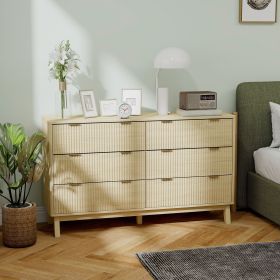 6 Drawer Double Dresser with Wave-Like Fluted Chest Design, Gold Finger Pull Handles and 5 Angled Wood Legs