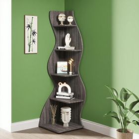 Corner Fitted Gray Bookshelf Display Rack with Curved Wavy Design and 5 Open Shelves