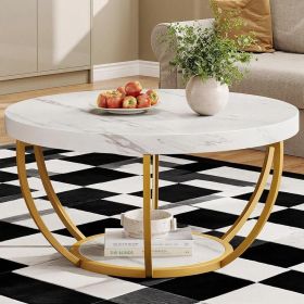 Round White Faux Marble Coffee Table with 2 Tiers, Arc-Shaped Metal Frame Design and Open Bottom Shelf