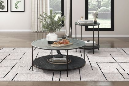 2-Piece Modern Coffee Table Set, 1 Coffee Table & 1 End Table with Tempered Glass Top, Open Bottom Shelf and Black Metal Finish