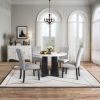 5-Piece Round Dining Table Set with 4 Upholstered Linen Chairs, Marble Texture Tabletop and H Shaped Table Legs