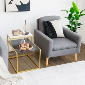 2-Tier Side End Table with Marble Finish Tabletop and Gold Metal Frame
