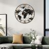 Large Round Black Handcrafted Metal Wall Clock with World Map Design and Vintage Gold Arabic Numerals