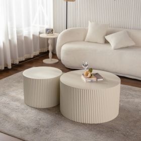 Beige Nesting Coffee Table Set of 2 with Wave Stripe Design
