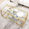 Modern 2-Tier Rectangular Gold Coffee Table with Clear Tempered Glass and Open Bottom Shelf