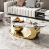 51” Oval Faux Marble Coffee Table with Gold Stainless Steel Base, Sintered Stone Top, and Natural Veining Pattern
