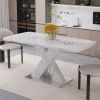 Modern Square Extendable Dining Table with Printed White Marble Table Top, X-Shape Table Legs and Metal Pedestal Base