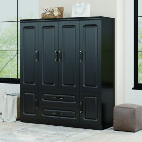 Livelylodge Modern Black Wardrobe, Large Storage Capacity with 4 Top Doors, 2 Bottom Drawers & 2 Bottom Doors