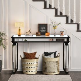 48” Vintage Black Mirror Console Table with Wood Grain Carving