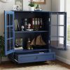 Minimalist Wooden Blue Buffet Sideboard Cabinet with Double Tempered Glass Doors, Adjustable Middle Shelf and Bottom Drawer