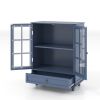 Minimalist Wooden Blue Buffet Sideboard Cabinet with Double Tempered Glass Doors, Adjustable Middle Shelf and Bottom Drawer