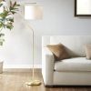 Angular Arched Gold Metal Floor Lamp with White Drum Shape Shade and On/Off Power Cord Foot Switch
