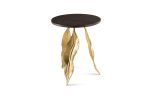 Verna Accent End Table with Gold Metal Leaf Shaped Legs and Walnut Stained Mango Tabletop