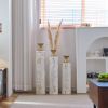 Set of 3, Handcrafted Cylindrical Metal Decorative Floor Vases with Polished & Hammered Gold Finish, and Embossed Body Pattern