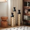 Floor Metal Decorative Cylindrical Vases, Set of 3 Gold & Black with Hammered Glazed Finish, and Funnel Shaped Neck