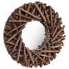 15.7" Teak Round Wall Mirror with Handwoven Tree Branches Frame and Mounting Hook