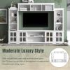 Minimalism Entertainment Wall Unit with Bridge, Including 8 Enclosed & 11 Open Shelves with 4 Tempered Glass Doors