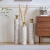 Set of 3, Handcrafted Cylindrical Metal Decorative Floor Vases with Polished & Hammered Gold Finish, and Embossed Body Pattern
