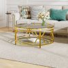 30.7” Round Tempered Glass Coffee Table with Luxurious Gold Geometric Metal Frame and Open Bottom Shelf
