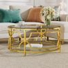 30.7” Round Tempered Glass Coffee Table with Luxurious Gold Geometric Metal Frame and Open Bottom Shelf
