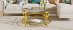 30.7” Round Tempered Glass Coffee Table with Luxurious Gold Geometric Metal Frame and Open Bottom Shelf