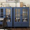 Minimalist Wooden Blue Buffet Sideboard Cabinet with Double Tempered Glass Doors, Adjustable Middle Shelf and Bottom Drawer