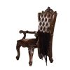 Set of 2 Light Brown Cherry Oak Button Tufted Armed Dining Chairs with Curved Cabriole Legs, Nailhead Trim and High Backrest