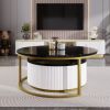 Modern Round Nesting Coffee Tables in Black, Gold & White with Fluted Base Design and 1 Built-In Drawer