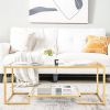 Modern 2-Tier Rectangular Gold Coffee Table with Clear Tempered Glass and Open Bottom Shelf