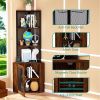 64” 6 Tier Corner Storage Cabinet Stand with Charging Stations, Built-In Wine Glass Rack and Iron Mesh Bottom Door