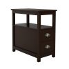 Brown Narrow End Table with Two Drawers and Open Shelf