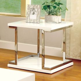 Contemporary Style White End Table, Open Bottom Shelf with Silver Chrome Frame and High Gloss Lacquer Coated Finish