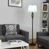3 Piece Lamp Set, 1 Floor Lamp, 2 Table Lamps with Black Steel Frame and White Fabric Shades