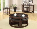 Dark Walnut Coffee Table Set with 4 Ottoman Chairs, Beveled Glass Insert Top and Nesting Design